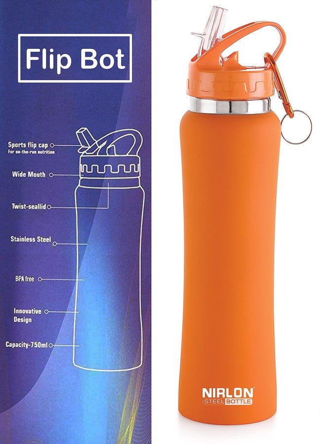 NIRLON Flip Bot Stainless Steel Sipper Rubber Finish Water Bottle with Straw Lid Pack of 2 |Leak Proof|Office|Gym Bottle|Home|Kitchen|Hiking|Treking Bottle|Travel Bottle [Blue & Orange|750ml] - Image 4